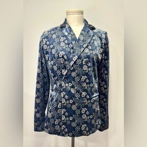 Navy blue beige floral print CAROLINA BELLE long sleeve blazer jacket XS